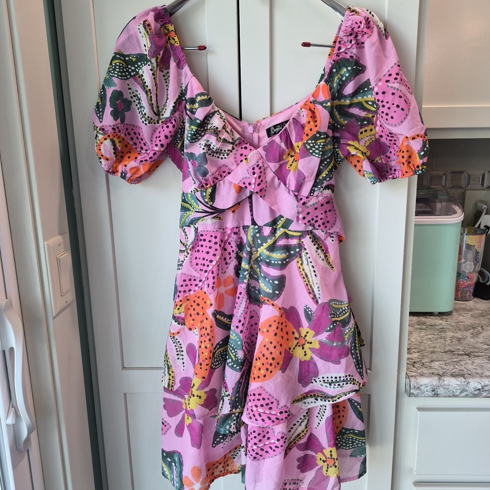 Crystal Sky Macy's Pink Tropical Mini Dress Womens Size XS Tie Back Puff Sleeves
